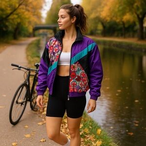 Vintage 80s/90s Colorblock Windbreaker Jacket – Purple/Black Memphis Print